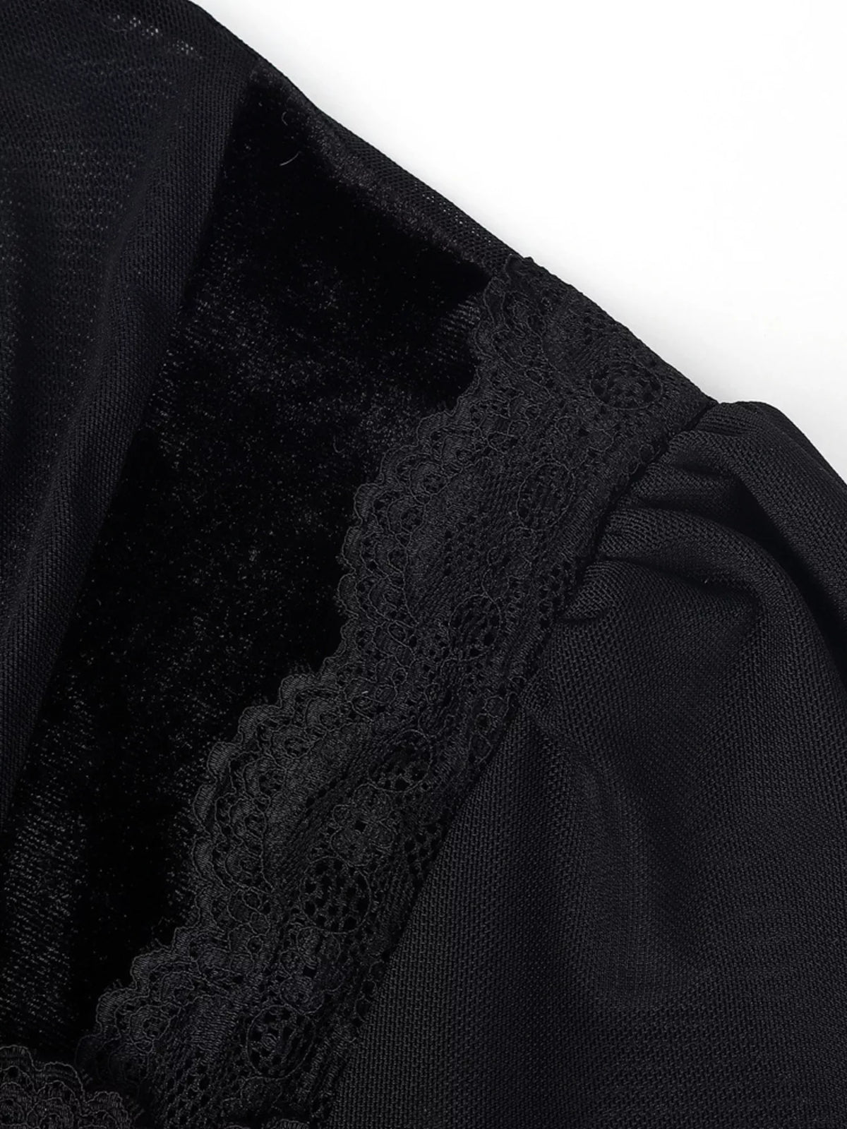 Lace Trim Velvet Sheer Sleeve Blouse