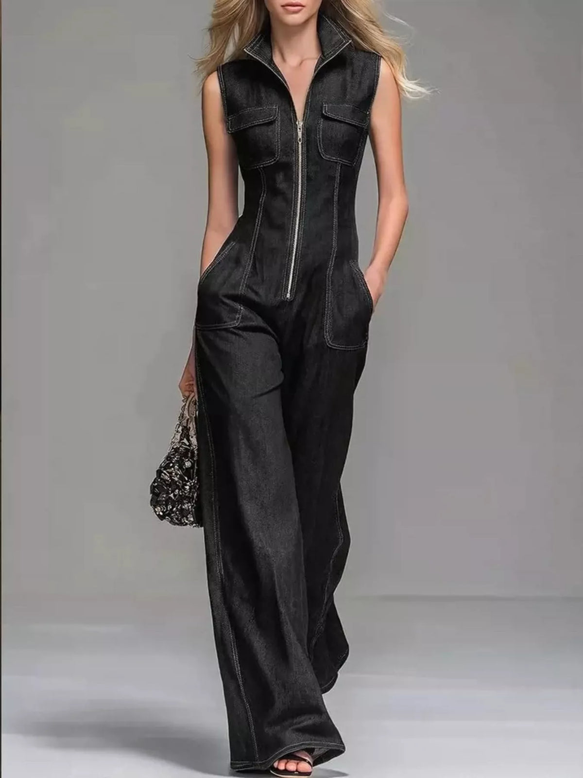 Zip It Up Wide-Leg Denim Jumpsuit