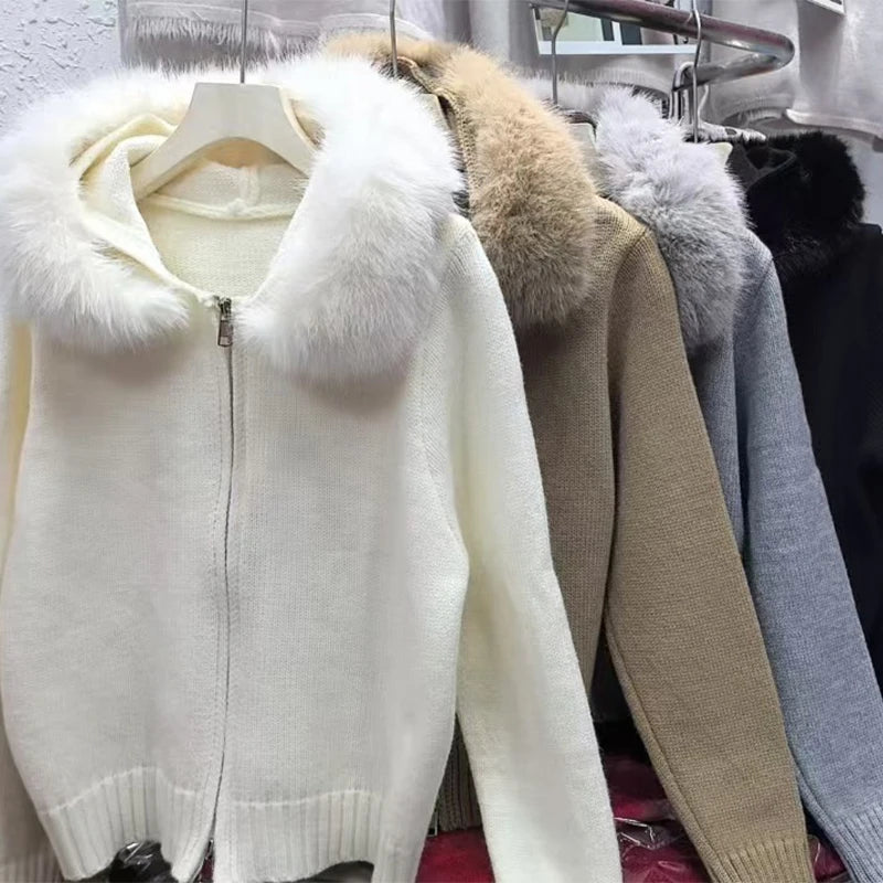 Women's Chic Knitted Cardigan With Faux Fur Collar Casual Zipper Ribbed Cuffs Loose Coat Lady 2025 Fall Winter Street Outerwear