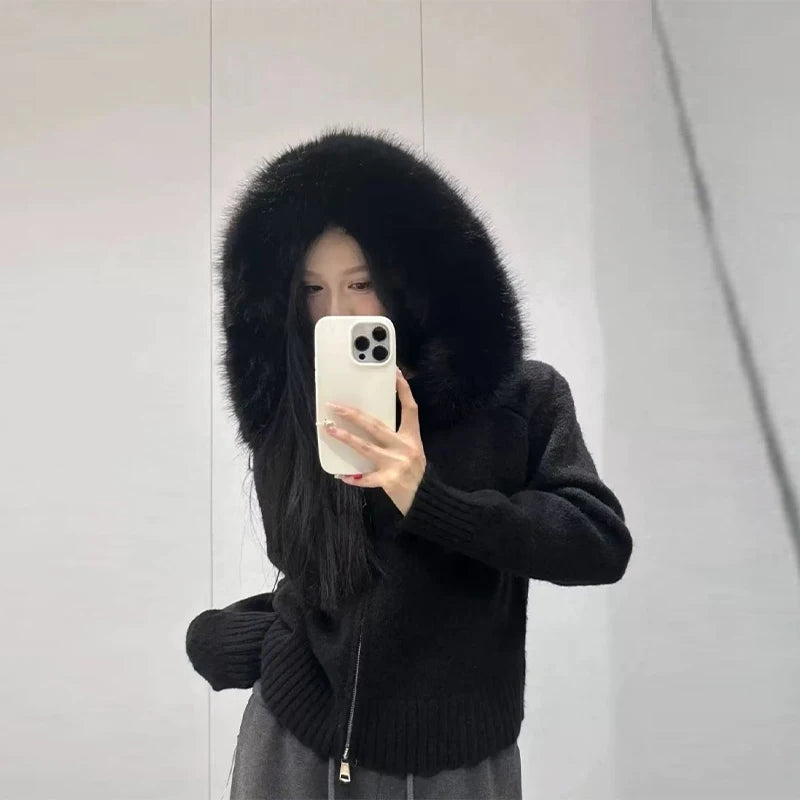 Women's Chic Knitted Cardigan With Faux Fur Collar Casual Zipper Ribbed Cuffs Loose Coat Lady 2025 Fall Winter Street Outerwear