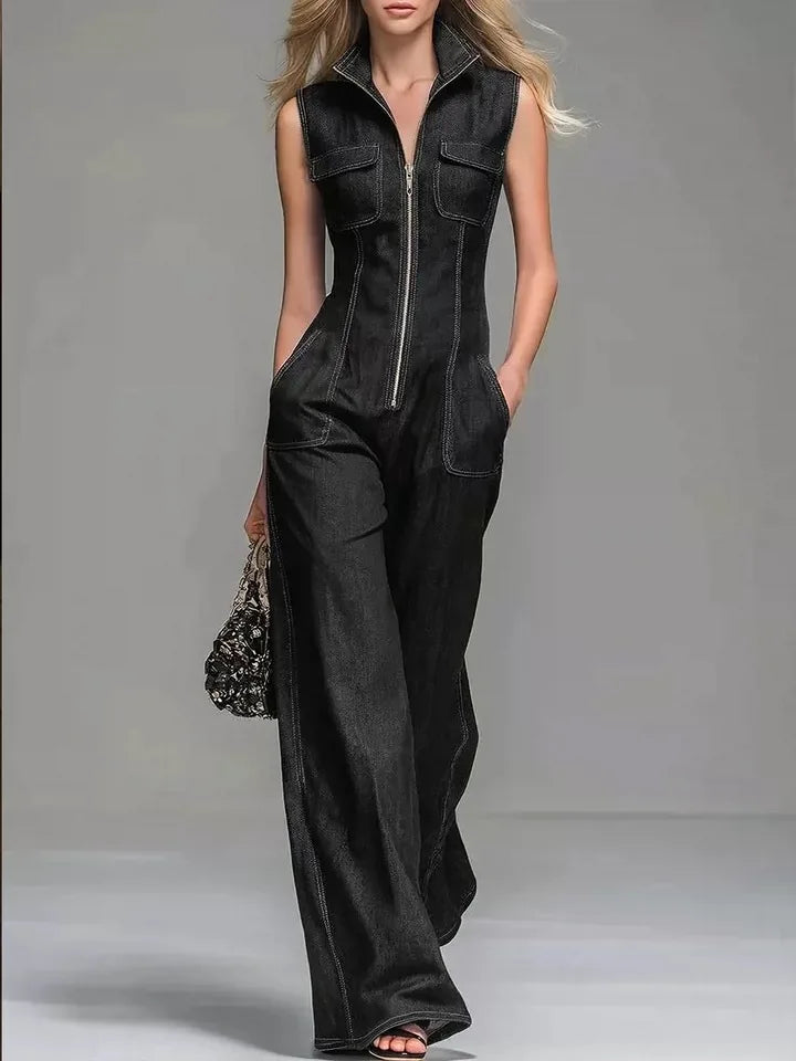 Zip It Up Wide-Leg Denim Jumpsuit