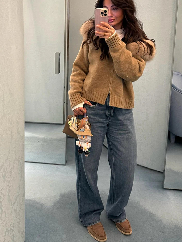 Women's Chic Knitted Cardigan With Faux Fur Collar Casual Zipper Ribbed Cuffs Loose Coat Lady 2025 Fall Winter Street Outerwear