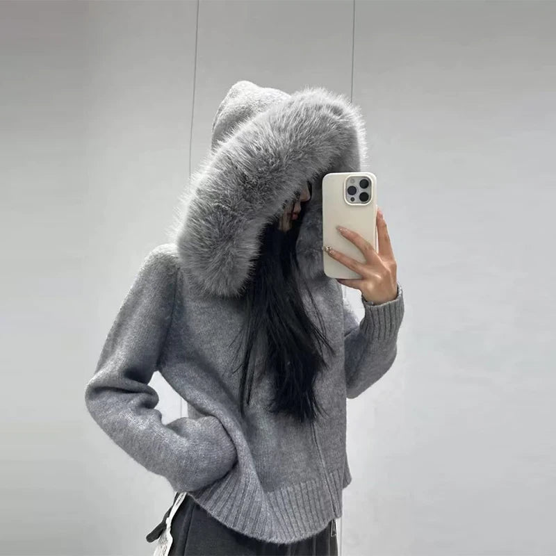 Women's Chic Knitted Cardigan With Faux Fur Collar Casual Zipper Ribbed Cuffs Loose Coat Lady 2025 Fall Winter Street Outerwear