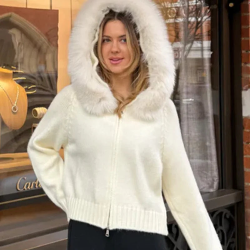 Women's Chic Knitted Cardigan With Faux Fur Collar Casual Zipper Ribbed Cuffs Loose Coat Lady 2025 Fall Winter Street Outerwear