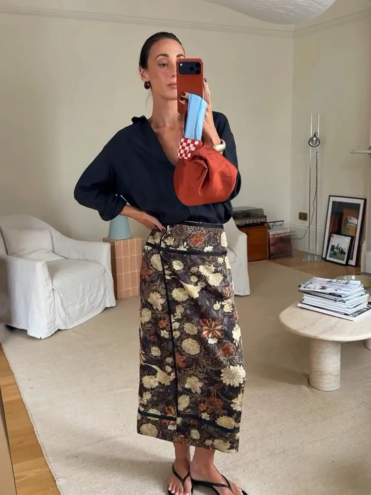 Retro Skirts Women's Floral Pattern Split Irregular High Waist Loose Skirt Fashion Chic 2026 Spring Summer New Date Wear Women