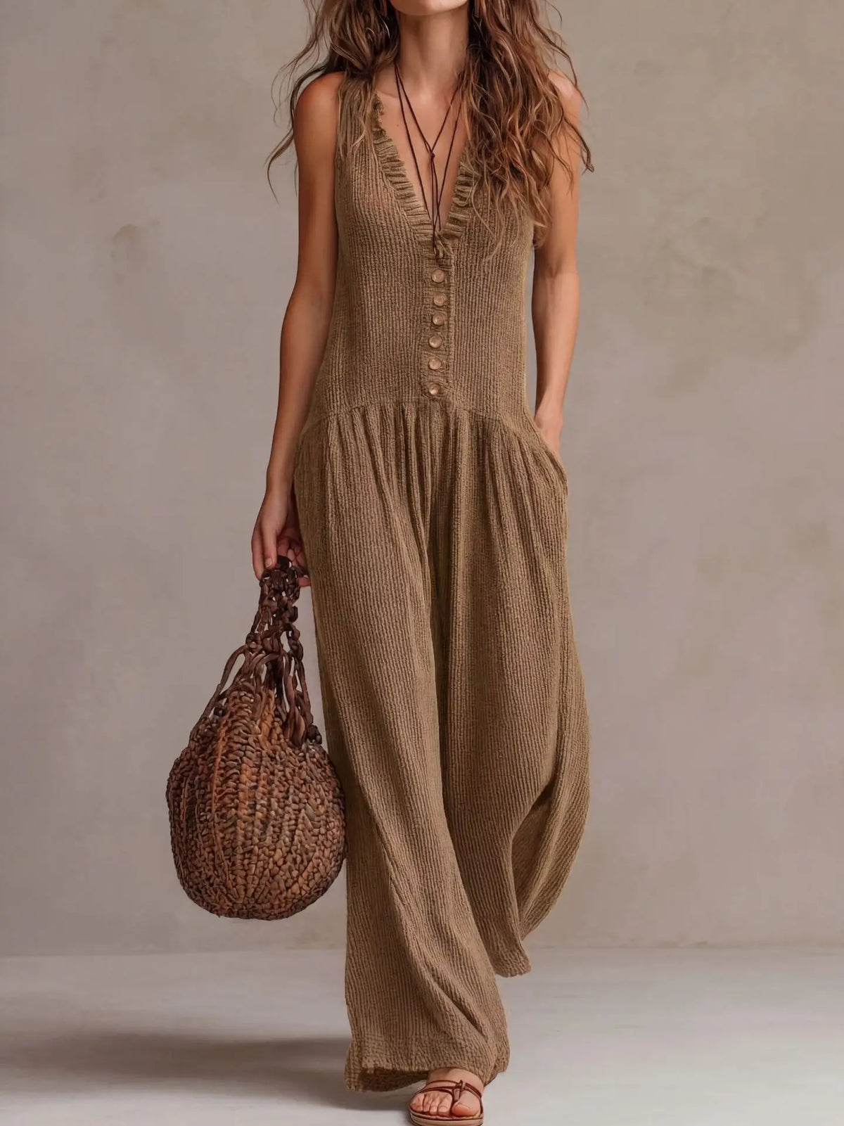 V-Neck Sleeveless Wide Leg Jumpsuit