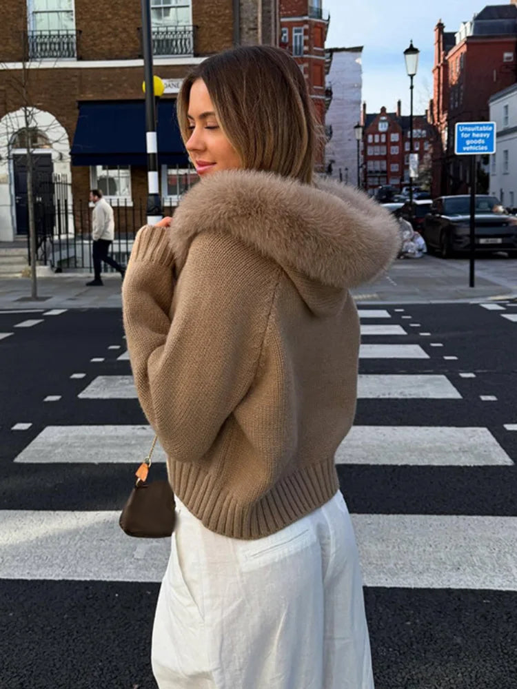 Women's Chic Knitted Cardigan With Faux Fur Collar Casual Zipper Ribbed Cuffs Loose Coat Lady 2025 Fall Winter Street Outerwear