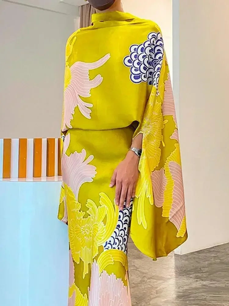 Yeezzi Women Vintage Elegant Flower Printed Batwing Sleeves Blouses & High Waisted  Party Evening A-Line Skirts Sold Separately