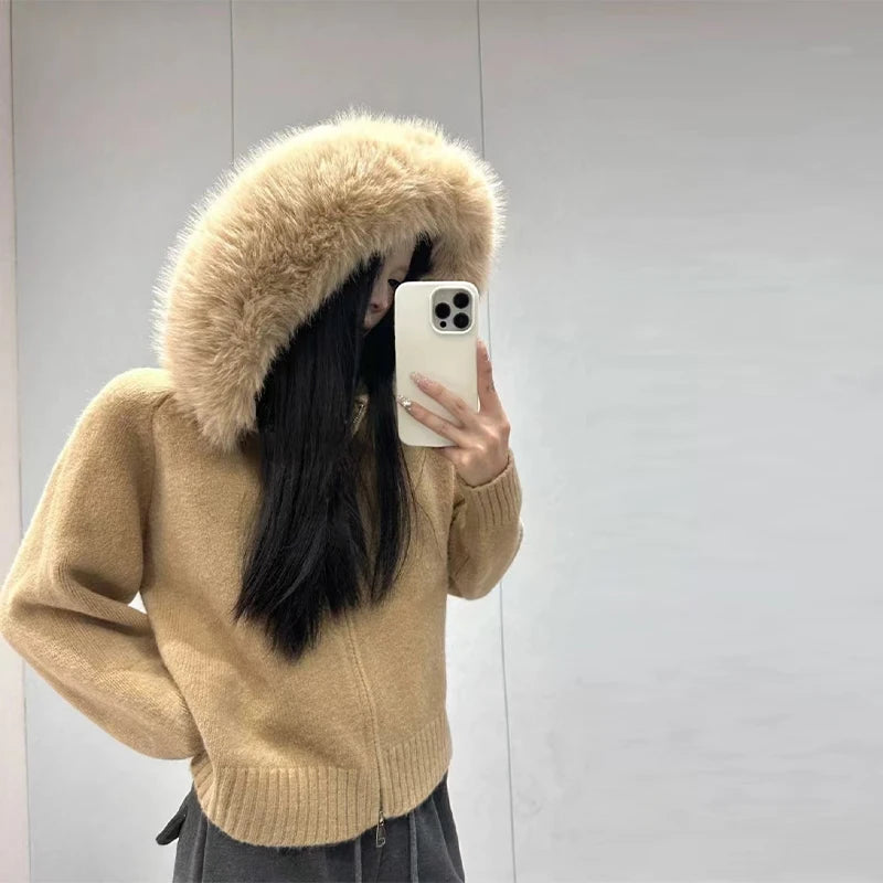 Women's Chic Knitted Cardigan With Faux Fur Collar Casual Zipper Ribbed Cuffs Loose Coat Lady 2025 Fall Winter Street Outerwear