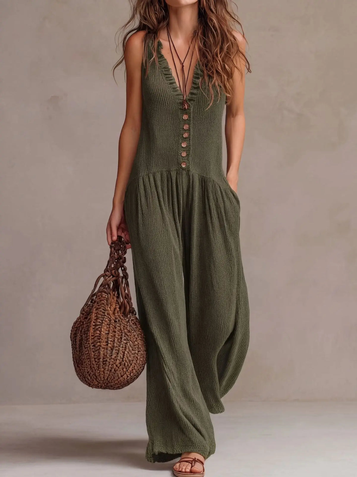 V-Neck Sleeveless Wide Leg Jumpsuit