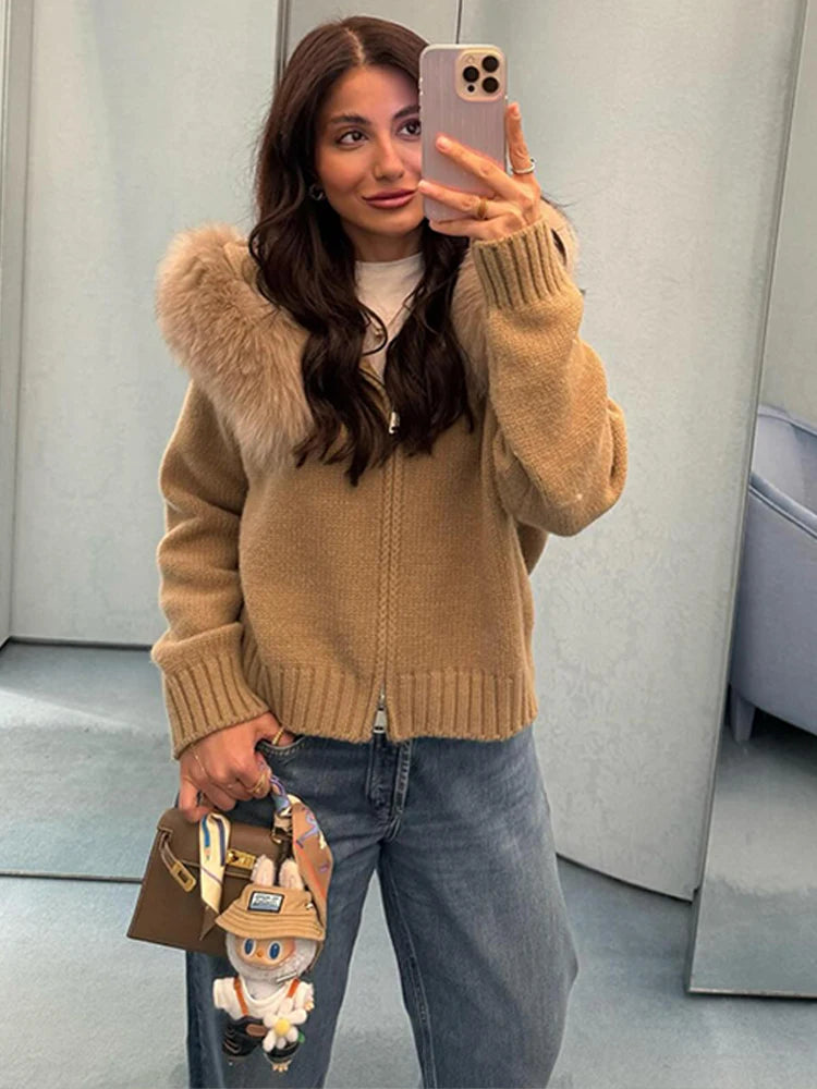 Women's Chic Knitted Cardigan With Faux Fur Collar Casual Zipper Ribbed Cuffs Loose Coat Lady 2025 Fall Winter Street Outerwear
