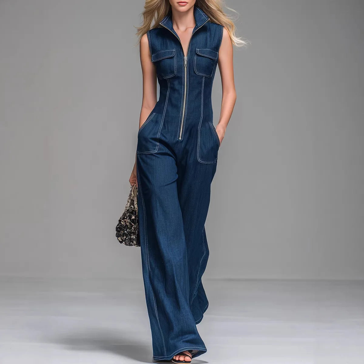 Zip It Up Wide-Leg Denim Jumpsuit