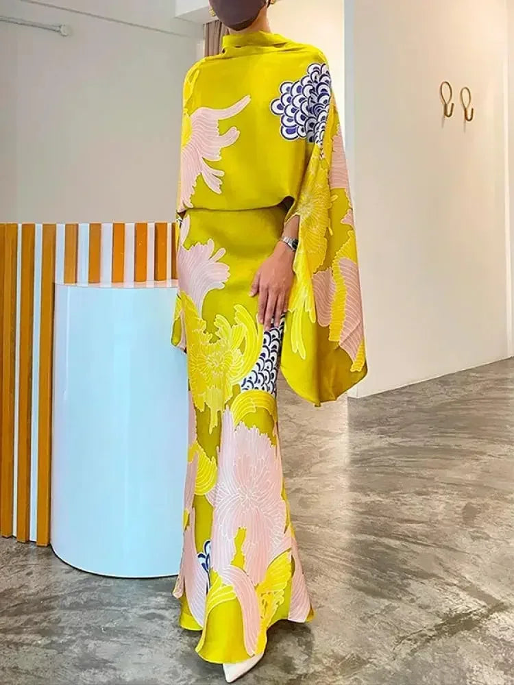 Yeezzi Women Vintage Elegant Flower Printed Batwing Sleeves Blouses & High Waisted  Party Evening A-Line Skirts Sold Separately