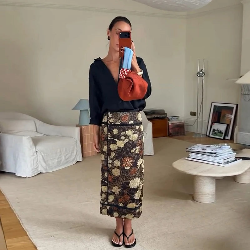 Retro Skirts Women's Floral Pattern Split Irregular High Waist Loose Skirt Fashion Chic 2026 Spring Summer New Date Wear Women