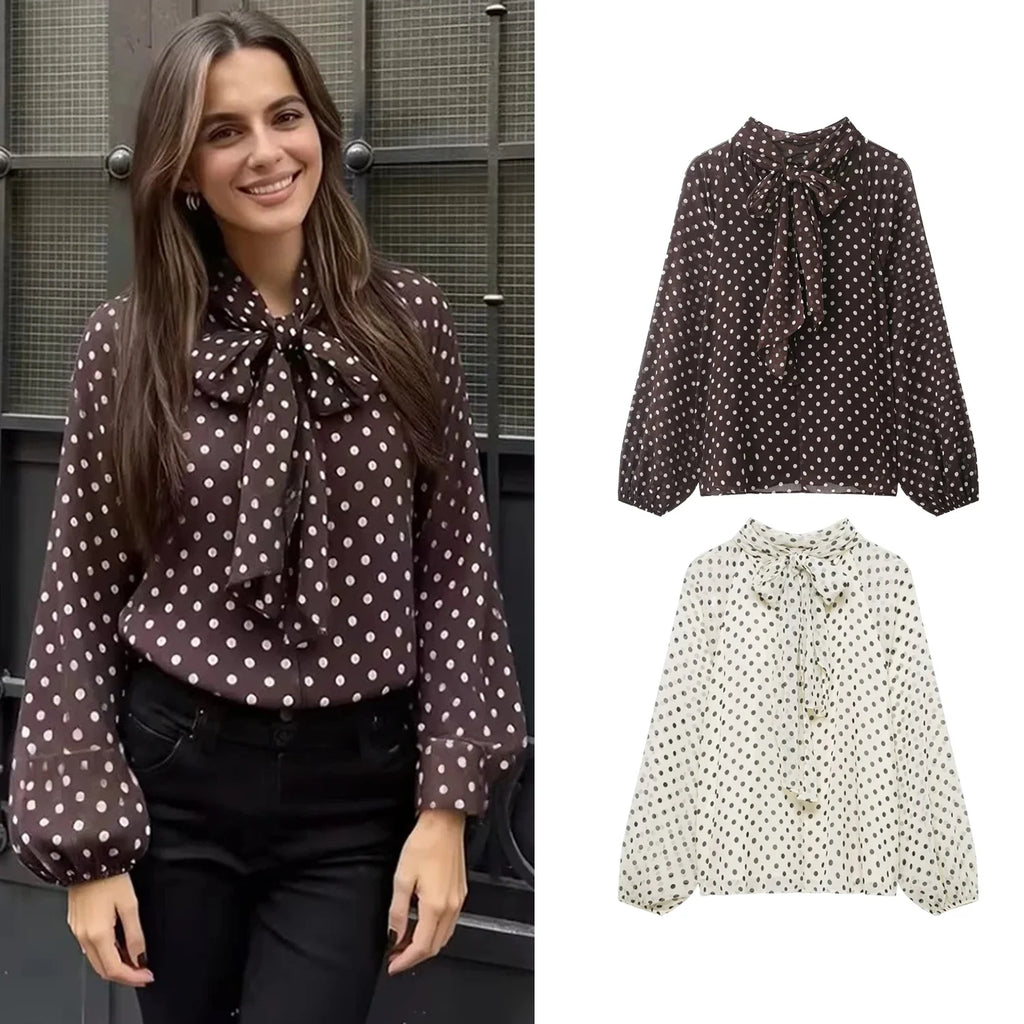 Women S Dots Printed Blouse Shirt Spring Autumn Fashion Long Sleeve