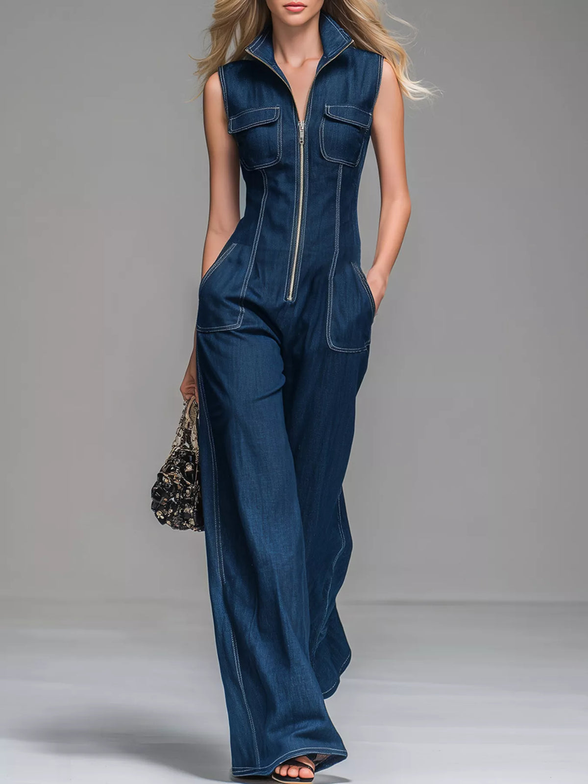Zip It Up Wide-Leg Denim Jumpsuit